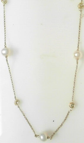 Ladies 14 Karat Yellow Gold Necklace With 0.03Tw Round H/I Si2 Diamonds And 5 Round Cultured Pearls 16