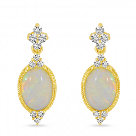 Ladies 14 Karat Yellow Gold Opal Earrings With 0.98Tw Oval Opals And 0.12Tw Round H/I Si2 Diamonds