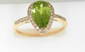 Ladies 10 Karat Yellow Gold With = 1.12Tw Pear Peridot And = 0.12Tw Round H/I Si2 Diamonds Size 7.5