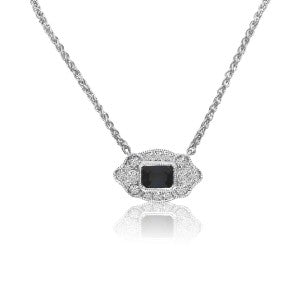 Ladies 14 Karat White Gold Filigree Necklace  With 0.25Tw Emerald Cut Sapphire And 0.09Tw Round H/I Si2 Diamonds 18