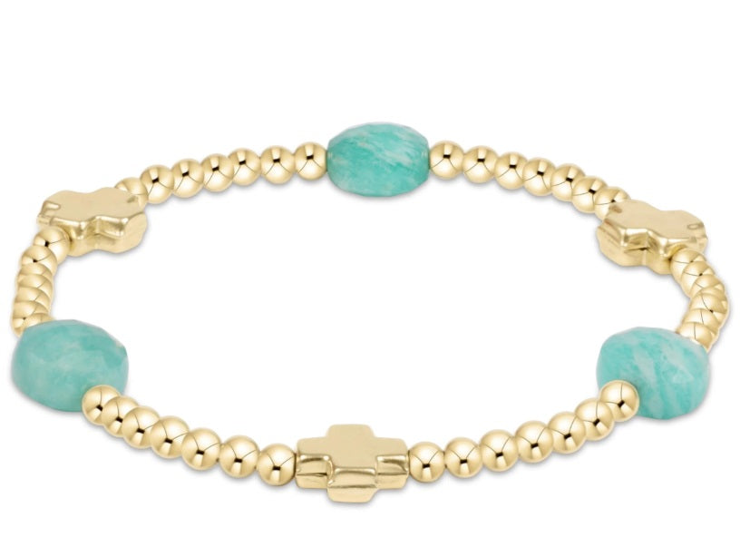 Signature Cross Admire Gold Pattern 3Mm Bead Bracelet - Amazonite
