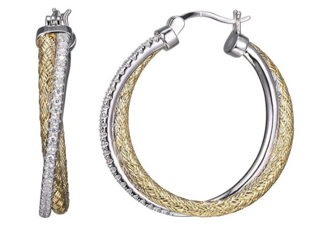 Sterling Silver 3mm Mesh with CZ Hoop Earrings, Round Approximate 35mm, 2 Tone, 18K Yellow Gold and Rhodium Finish