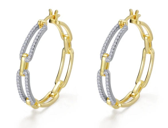 Gold Plate Over Sterling Silver Paper Clip Link Hoop Earrings With 1.00 CTW Lassaire Stones