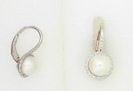 Ladies 14 Karat White Gold Hinge Hoop Halo Earrings With = 7.00Mm Round Pearls And = 0.10Tw Round G/H Si2 Diamonds