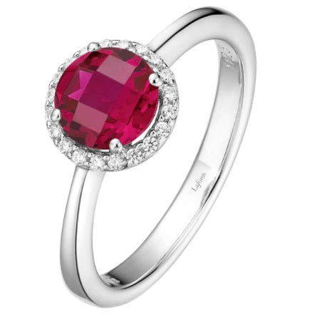 July Birthstone Ring Sterling Silver Rhodium Plated 1.05 TW with Simulated Stone and a Lassaire Stone Halo Size 7