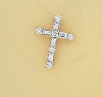 Ladies 14 Karat Yellow Gold Diamond Cross Necklace With = 0.51Tw Baugettes G/H SI2 Diamonds = 0.28 Tw Rounds With 18