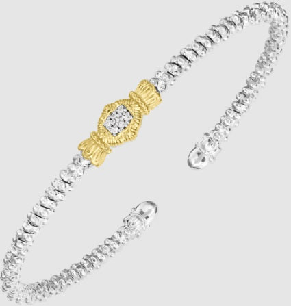 Ladies 14 Karat Yellow Gold & Sterling Silver Diamond Closed End Cuff 2MM With 0.05Tw Round G/H Si2 Diamonds