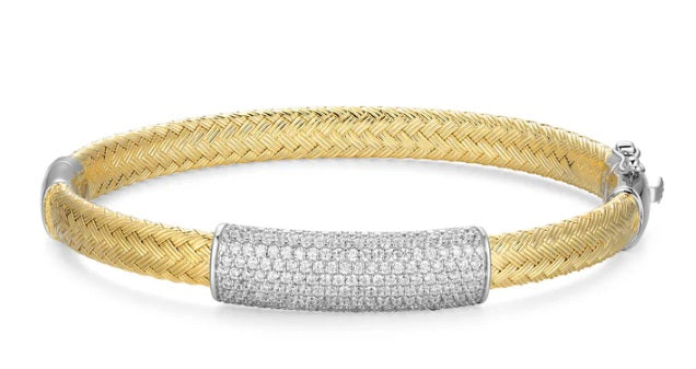 Prestine Pave Bar Original Matte Mesh Bangle In 14K Yellow Gold & Rhodium-Plated Sterling Silver