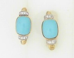 Ladies 14 Karat Yellow Gold Oval Hoop Earrings With = 4.30Tw Rectangular Cushion Turquoises And = 0.17Tw Round G/H Si2 Diamonds