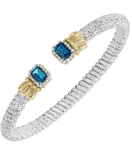 Ladies 14K Gold And Sterling Silver Open End Bracelet 4MM  With London  Blue Topaz 6x4 And 0.16 Pts Si2 G To H In Color Of Diamonds