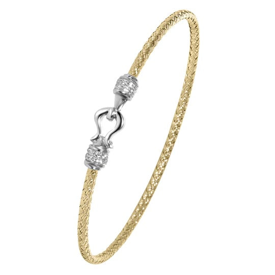 Sterling Silver 2mm Mesh Bangle with CZ, 2 Tone, 18K Yellow Gold and Rhodium Finish
