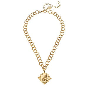 Bulldog Intaglio On Textured Double Linked Chain Necklace / Triple Plated 24K Gold / 16 Inches + 3 Inch Extender Chain