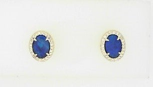 Ladies 14 Karat Yellow Gold Halo Studs With = 2.00Tw Oval Australian Opal And = 0.12Tw Round G/H SI2 Diamonds