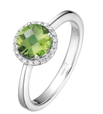 August Birthstone Ring Sterling Silver Rhodium Plated 1.05 TW with Simulated Stone and a Lassaire Stone Halo Size 7