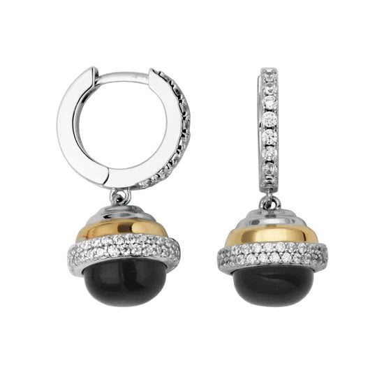 Sterling Silver Black Agate and Cubic Zirconia Hoop Drop Earring Rhodium and Yellow Gold Finish