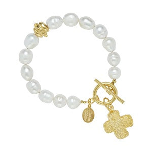 Dotted X Pearl Toggle Bracelet Strung Between Genuine Freshwater Pearls / Triple Plated 24K Gold