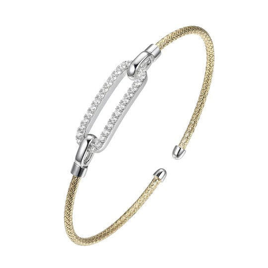 Sterling Silver 2mm Mesh Cuff with CZ Link (24x8mm) in Center, 2 Tone, 18K Yellow Gold and Rhodium Finish