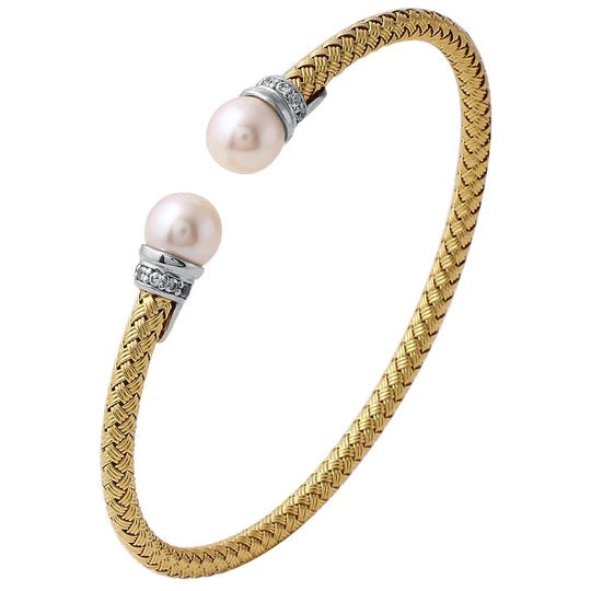 Sterling Silver 4mm Mesh Cuff with Freshwater Pearl and CZ
