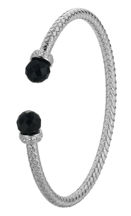 Sterling Silver Classic Mesh Black Agate and Cubic Zirconia Cuff Bangle Rhodium Finish Inner Circumference 6.75