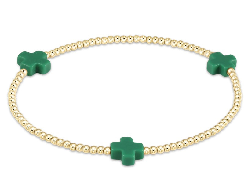 Signature Cross Gold Pattern 2mm Bead Bracelet- Emerald