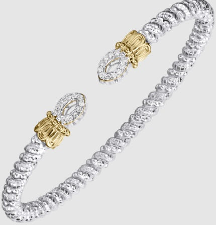 Ladies14 Karat Gold & Sterling Silver Diamond Open End Bangle 3MM  With 0.17Tw Round G/H Si2 Diamonds