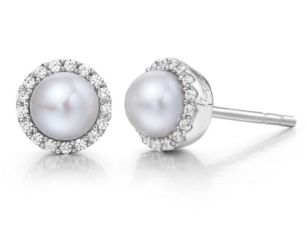 June Birthstone Earrings Sterling Silver Rhodium Plated with Cultured Freshwater Pearls 5mm and 0.34 TW Lassaire Stone Halo