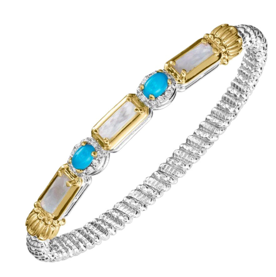 Metal: 14Karat Gold & Sterling Silver Closed Band Bracelet With Turquoise and  Mother of Pearl 4MM With Diamond Weight: 0.12 pts