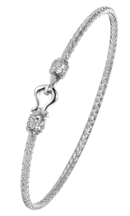 Sterling Silver 2mm Mesh Bangle with CZ, Rhodium Finish