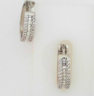 Ladies 14 Karat White Gold Diamond Hoop Earrings With 0.61tw Baguette G/H SI2 Diamonds 0.50tw Round G/H SI2 Diamonds