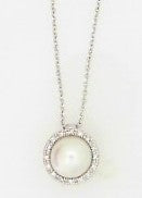 Ladies 14 Karat White Gold Fashion Necklace With = 7.00Mm Round Pearl And = 0.05Tw Round G/H Si2 Diamonds With 16