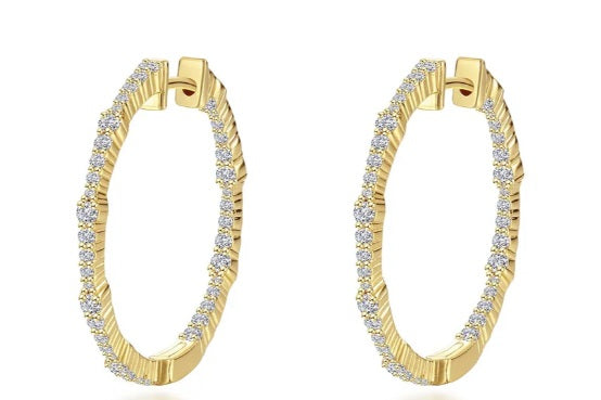 Gold Plate Over Sterling Silver Bamboo Inside Out 30mm Hoop Earrings With 1.42 CTW Lassaire Stones