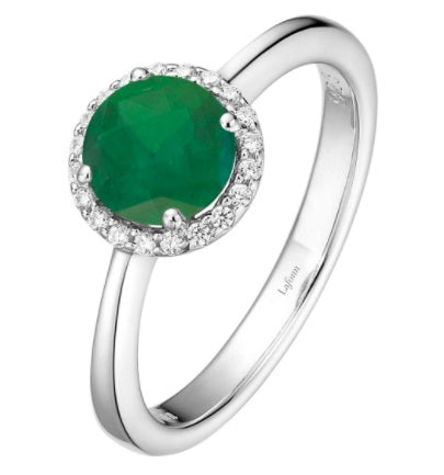 May Birthstone Ring Sterling Silver Rhodium Plated 1.05 TW with Simulated Stone and a Lassaire Stone Halo Size 7