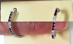 Ladies 14 Karat White Gold Round Inside/Outside Hoop Earrings With 0.34Tw Round H/I Si2 Diamonds And 0.72Tw Round Rubies
