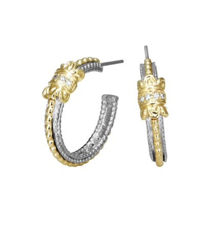 Ladies 14 Karat Gold And Sterling Silver Diamond Hoop Earrings With 0.08Tw Round G/H Si2 Diamonds