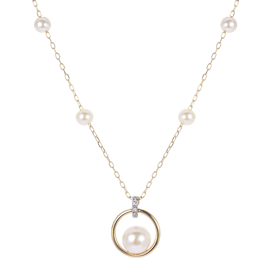 Ladies 14 Karat Yellow Gold Necklace With 4.00-6.00Mm Freshwater Round Pearls And 0.02Tw Round G/H Si2 Diamonds 18