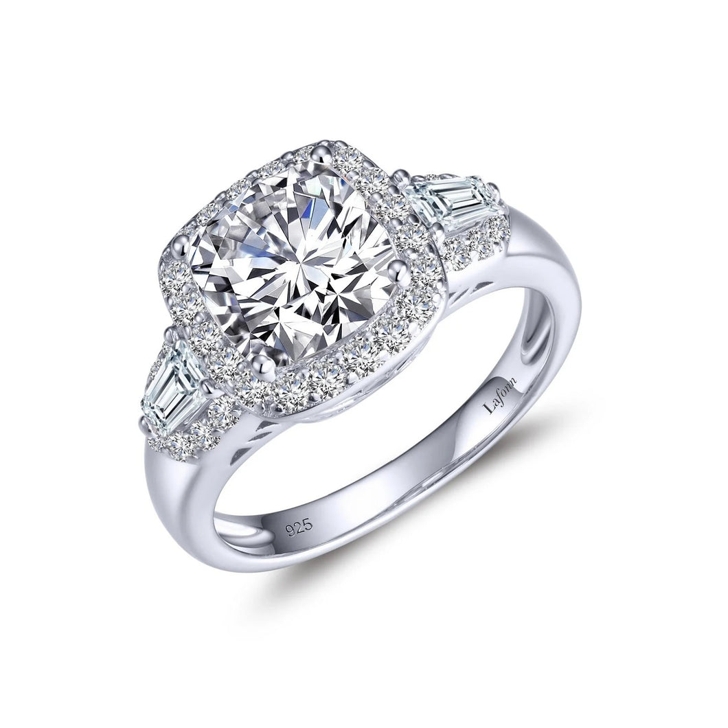 Ladies Sterling Silver Rhodium Finish Cushion-Cut Lassaire  Stone Center  Encircled With A Halo Set With Lafonn Lassaire Stones With Two Baguettes On Each Side Of The Shank 4.55 TCW  Size 7