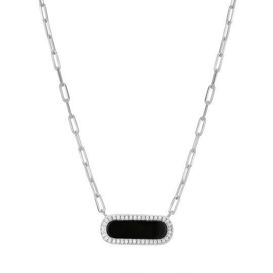 Sterling Silver Necklace made with Paperclip Chain and Black Onyx with CZ in Center