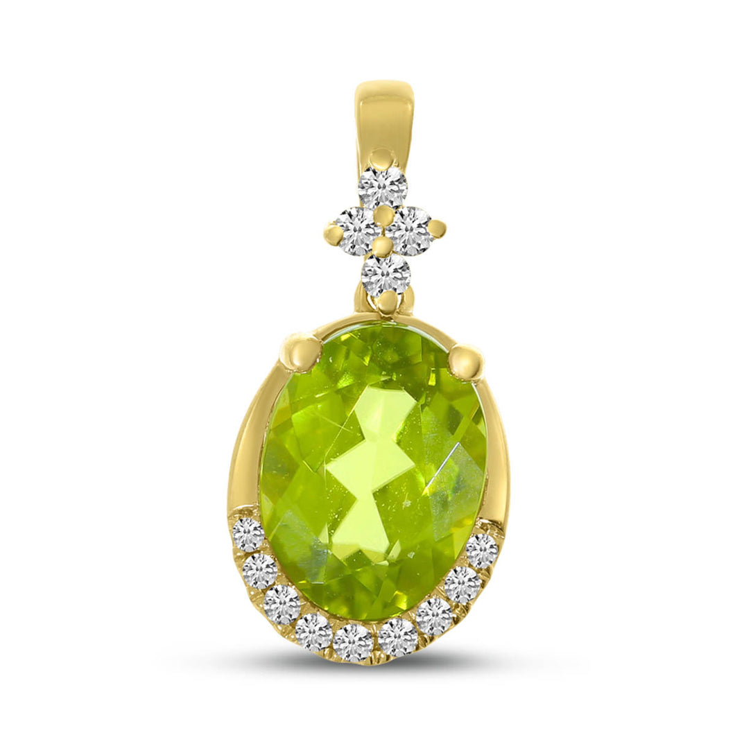 Ladies 14 Karat Yellow Gold Fashion Pendant With 1.32Tw Oval Peridot And 0.06Tw Round H/I Si2 Diamonds 18