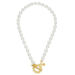 Coastal Sea-Theme Freshwater Pearl Toggle Necklace / Triple Plated 24K Gold / 16 Inches