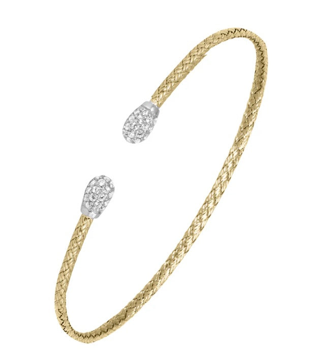 Sterling Silver 2mm Mesh Cuff with CZ, 2 Tone, 18K Yellow Gold and Rhodium Finish