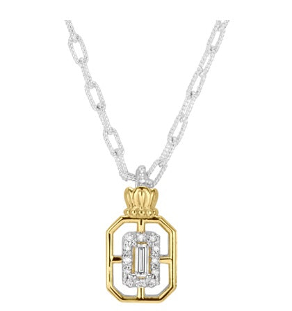 Ladies 14 Karat Yellow Gold And Sterling Silver Diamond Necklace With 4.00X2.00Mm Baguette G/H Si2 Diamonds And 0.17Tw Round G/H Si2 Diamonds With 18