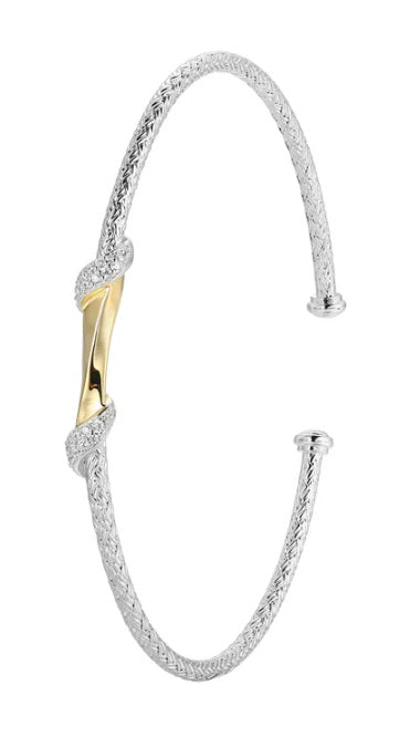 Sterling Silver Classic Mesh Cubic Zirconia Twist Cuff Bangle Rhodium and Yellow Gold Finish Inner Circumference 6.75