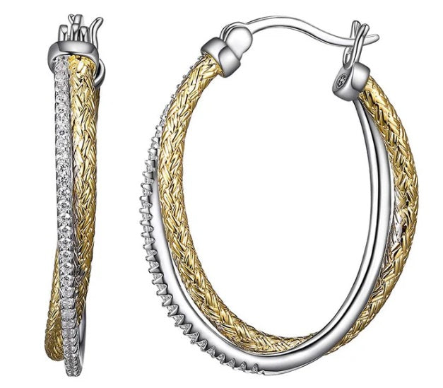 Sterling Silver 2Mm Mesh With Cz Hoop Earrings, Oval Approximate 30 X 20Mm, 2 Tone, 18K Yellow Gold And Rhodium Finish