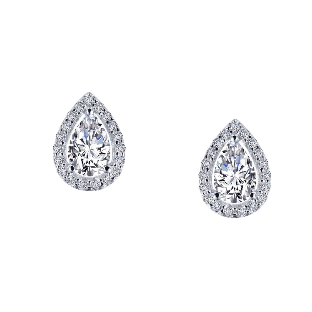 Sterling Silver Rhodium Plated Pear Shape Halo Earrings with 1.16 CTTW Lassaire Stones
