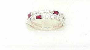 Ladies 14 Karat White Gold Fashion Band With = 0.15Tw Round G/H SI2 Diamonds And = 0.23Tw Baguette Rubies Size 6.5