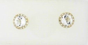 Ladies 14 Karat Yellow Gold Halo Studs With = 1.50Tw Round Aquamarine And = 0.08Tw Round G/H SI2 Diamonds