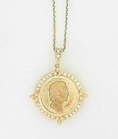 Ladies 14 Karat Yellow Gold Replicate Coin Necklace With = 0.14Tw Round G/H SI2 Diamonds with 16