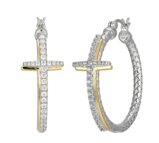 Sterling Silver 3Mm Mesh 35Mm Cross Hoop Earring, Yellow Gold And Rhodium Finish
