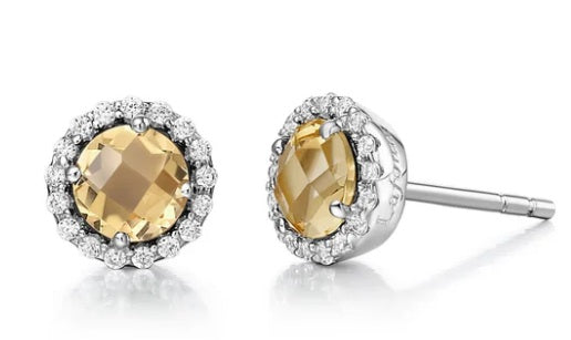 November Birthstone Earrings Sterling Silver Rhodium Plated with Simulated Stone and a Lassaire Stone Halo 1.26 TW