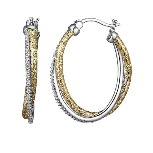 Sterling Silver 2mm Mesh with CZ Hoop Earrings, Oval approximate 30 x 20mm, 2 Tone, 18K Yellow Gold and Rhodium Finish